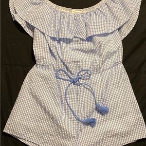 Honey Punch Blue and White Gingham Off-Shoulder Romper